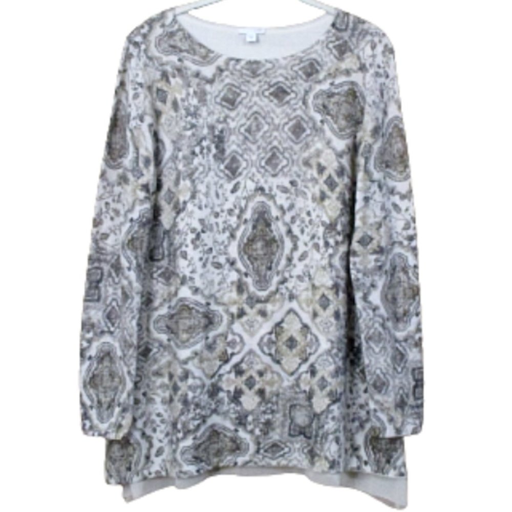 J. Jill Beige & Brown Print Chiffon Lined Tunic Sweater S